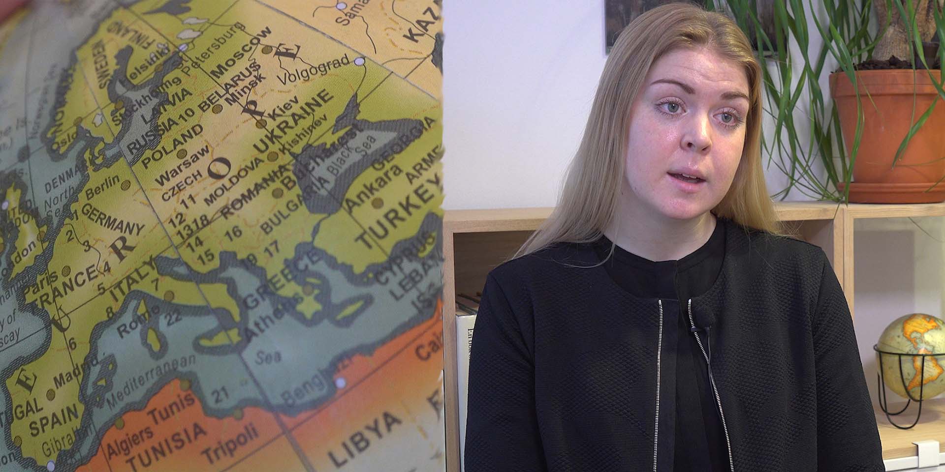 bild på johanna nyman bredvid en karta av EU